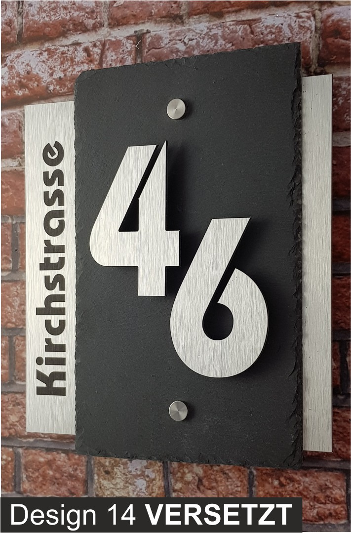 hochwertige 3D Hausnummer mit Schieferplatte in Edelstahl-Design
