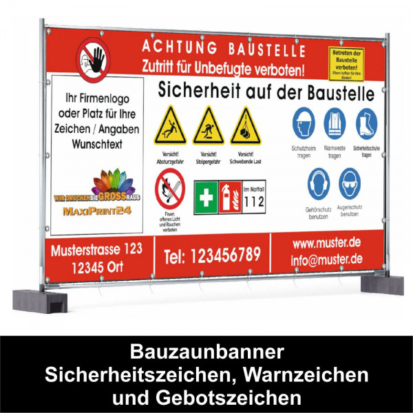 Bauzaunbanner mit Sicherheitszeichen, Warnzeichen und Gebortszeichen Bauzaunplane Bauzaun Werbebanne
