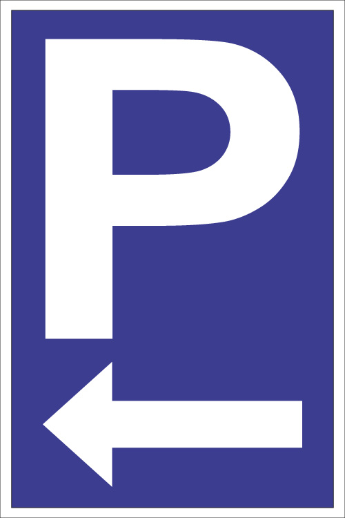 Parkplatz Pfeil links, blaue Infoschilder